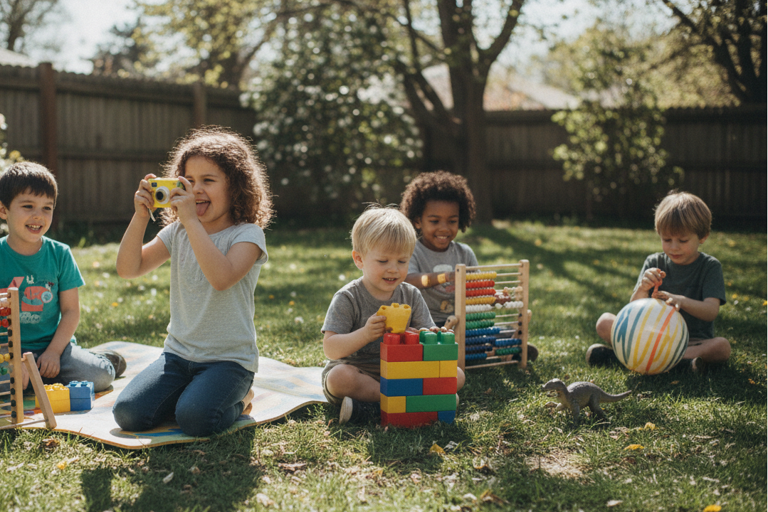 Realistic kids playing with products